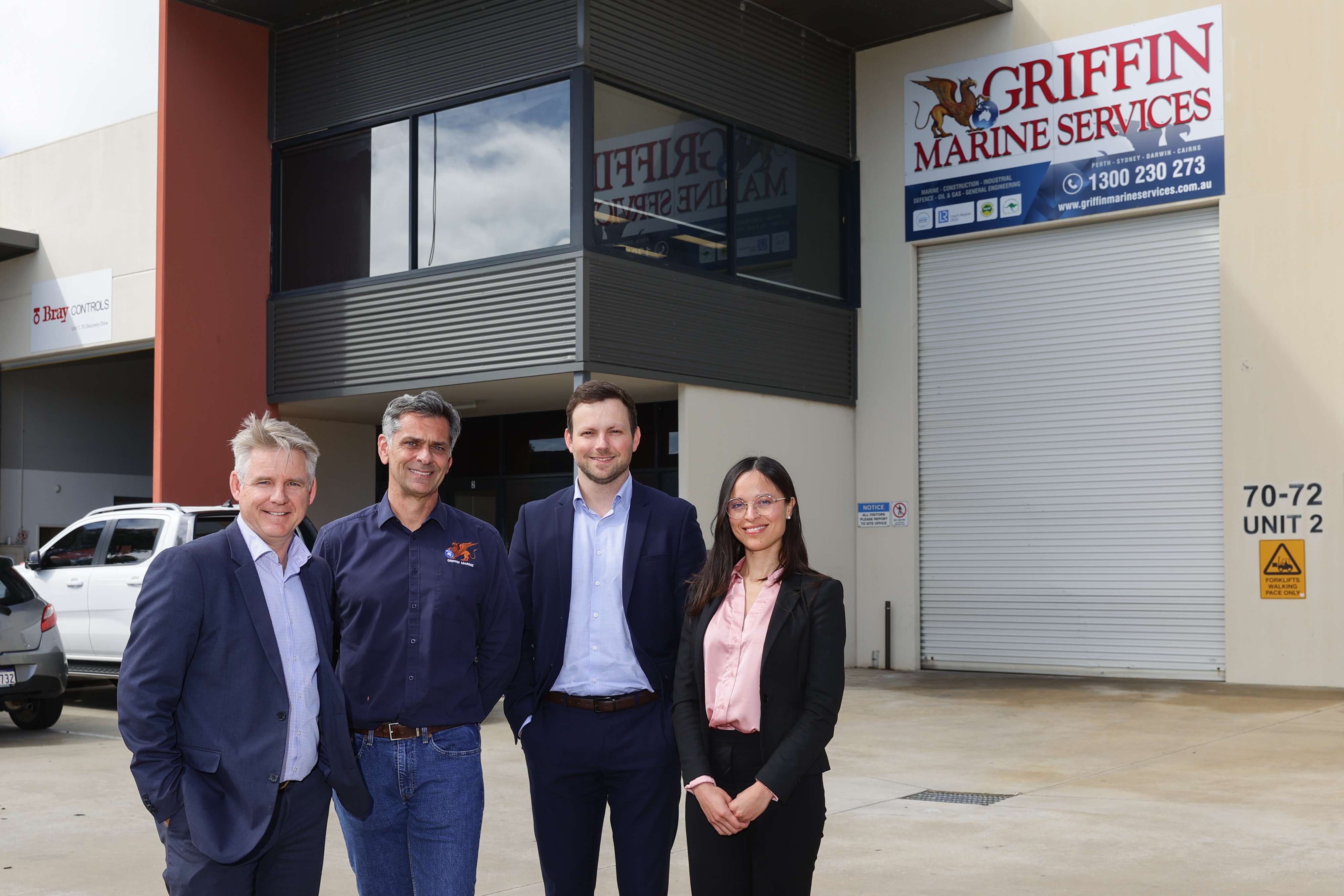 Griffin Marine Services - Defense growth built on the right systems and processes 1 Griffin Marine Services Photoshoot at Griffin Marine Services Bibra Lake on Tuesday September 19th, 2023. Stewart Blizard, Michael Sertorio, Adrien Giraud & Sylvia Cruz. Picture by John Koh.